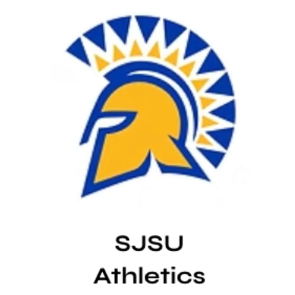 SJSU Athletics logo featuring a blue and gold Spartan helmet with a feathered crest.