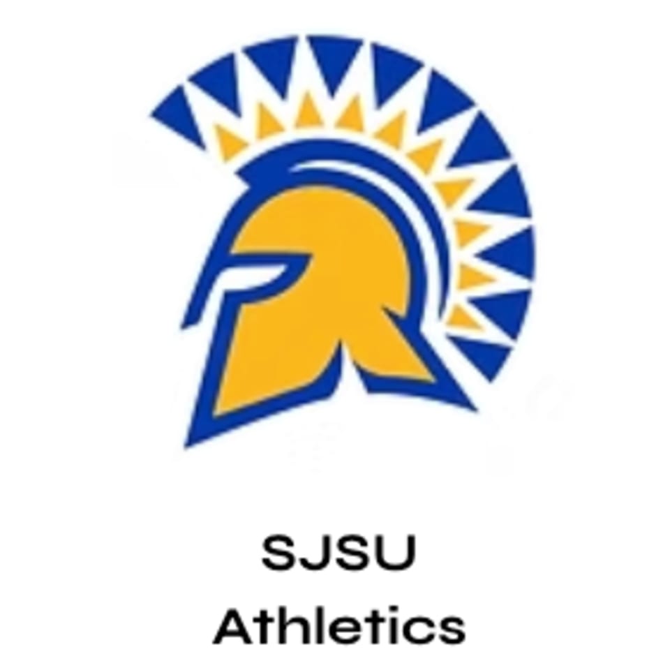 SJSU Athletics logo featuring a blue and gold Spartan helmet with a feathered crest.